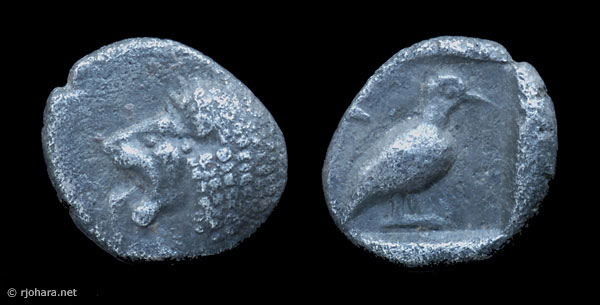 [Image: Milesian 1/48 stater, one of the smallest coins of ancient Greece.]