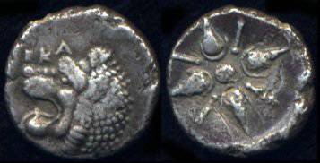 [Image: Ancient silver lion coin of Hecatomnus, satrap of Caria.]