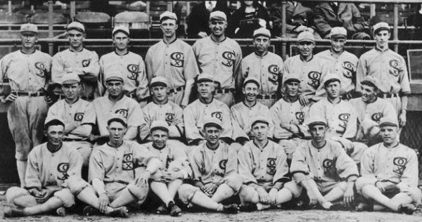 Group shot of the 1919 White Sox. They would after this year be known as the "Black Sox Scandal" team, due to the allegation that eight members of the team accepted bribes to lose the 1919 World Series to the Cincinnati Reds. These eight players, pitchers Eddie Cicotte and Claude "Lefty" Williams, first baseman Charles "Chick" Gandil, shortstop Charles "Swede"Risberg, third baseman George "Buck" Weaver, outfielders Joe "Shoeless Joe" Jackson and Oscar "Happy" Felsch, and pinch hitter Fred McMullin, were banned from the game of baseball for life. 1919