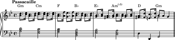  {
\new PianoStaff << 
 \new Staff = "chords" << \magnifyStaff #3/4
  \new Voice \relative c' { 
   \set Staff.midiInstrument = #"harpsichord" \key g \minor
   \mark \markup { \abs-fontsize #10 { \bold { Passacaille } } }
   <bes' d>8. <c ees>16 <a c>8. <bes d>16 <c ees>8. <c ees>16 <bes d>8. <c ees>16 |
   <a c>8. <a f'>16 <g ees'>8. <a f'>16 <bes d>8. <bes d>16 <a c>8. <bes d>16 |
   <g bes>8. <a c>16 <fis a>8. <g bes>16 <a c>8. <a c>16 <g bes>8. <a c>16 |
   <fis a>8. <fis d'>16 <e c'>8. <fis d'>16 bes8 a g4 \bar "||"
} 
  \new Voice \relative c' { 
   s1 s s s2 \stemDown g'2
} 
 \new Staff \relative c' { \magnifyStaff #3/4
   \set Staff.midiInstrument = #"harpsichord" \key g \minor \clef F
   <g bes d>2 <ees g c> <f a c> <bes, d f bes> <ees g bes> <c ees a> d4 d, g2
} 
 \addlyrics \with { alignAboveContext = "chords" } { \override LyricText.font-size = #-1.5 Gm Cm F B♭ E♭ \markup{\concat{Am\super{(♭5)}}} D _ Gm }
>> >> }
