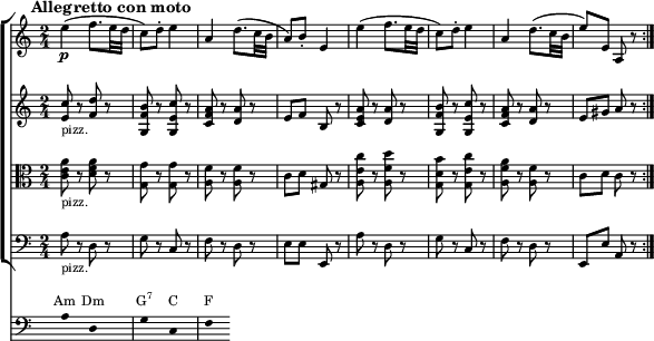  { <<
 \new ChoirStaff <<
  \relative c' { \magnifyStaff #3/4 \set Staff.midiInstrument = #"violin" \p
   \set Score.tempoHideNote = ##t \tempo 4 = 60 \time 2/4
   \mark \markup { \abs-fontsize #10 { \bold { Allegretto con moto} } }
    \repeat volta 2 { 
    e'4( f8. e32 d | c8) d-. e4 | a, d8.( c32 b | a8) b-. e,4 |
    e'( f8. e32 d | c8) d-. e4 | a, d8.( c32 b | e8) e, a, r }
   }
  \relative c' { \magnifyStaff #3/4 \set Staff.midiInstrument = #"pizzicato strings" 
   \time 2/4
    <e c'>8_"pizz." r <f d'> r | <g, f' b> r <g e' c'> r | <c f a> r <d a'> r | e f b, r |
    <c e a> r <d a'> r | <g, f' b> r <g e' c'> r | <c f a> r <d a'> r | e gis a r |
   }
  \relative c' { \magnifyStaff #3/4 \set Staff.midiInstrument = #"pizzicato strings" 
   \clef C \time 2/4
    <c e a>8_"pizz." r <d f a> r | <g, g'> r <g g'> r | <a f'> r <a f'> r | c d gis, r |
    <a e' c'> r <a f' d'> r | <g d' b'> r <g e' c'> r | <a f' a> r <a f'> r | c d c r |
   }
  \relative c' { \magnifyStaff #3/4 \set Staff.midiInstrument = #"pizzicato strings" 
   \clef F \time 2/4
    a8_"pizz." r d, r | g r c, r | f r d r | e e e, r |
    a' r d, r | g r c, r | f r d r | e, e' a, r |
   }
 >> 
 \new Staff = "chords" \with {
      \omit TimeSignature
      \magnifyStaff #3/4
    } \relative c' 
 { \hide Staff.KeySignature \clef F
 { \hide Stem a8 s d, s g s c, s f s }} 
\addlyrics \with { alignAboveContext = "chords" \override VerticalAxisGroup.nonstaff-relatedstaff-spacing =
      #'((basic-distance . 3)) } { \override LyricText.font-size = #-2 Am Dm \markup{\concat{G\super{7}}} C F }
>>
 }
\layout { line-width = #150 }
