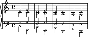 
    {
      \new PianoStaff <<
        \new Staff <<
            \new Voice \relative c' {
                \stemUp e2 f d e c d b c
                }
            \new Voice \relative c' {
                \stemDown c2 c b b a a g g
                }
            >>
        \new Staff <<
            \new Voice \relative c' {
                \clef F
                \stemUp g2 a f g e f d e 
                }
            \new Voice \relative c {
                \stemDown c f, b e, a d, g c,
                }
            >>
    >> }
