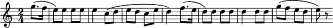 
  \relative {
  \time 2/4
  \partial 4
  {g''8. (f16 | e8) e8 e8 e8 e4 c8 (d8 | e8 d8 c8 e8 d4)
     f8. (e16 | d8) d8 d8 d8 d4 d8 d8 | g8 (f8 e8 d8 e8) r8}
}
