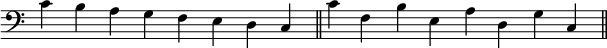   {
\omit Score.TimeSignature
\relative c' { \clef F \time 8/4
  c b a g f e d c \bar "||" c' f, b e, a d, g c, \bar "||"
} }
\layout { \context { \Score \override SpacingSpanner.base-shortest-duration = #(ly:make-moment 1/16) } }
