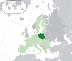 Placering af Polen (mørkegrøn) - I Europa (grøn & mørkegrå) - I Den Europæiske Union (grøn)