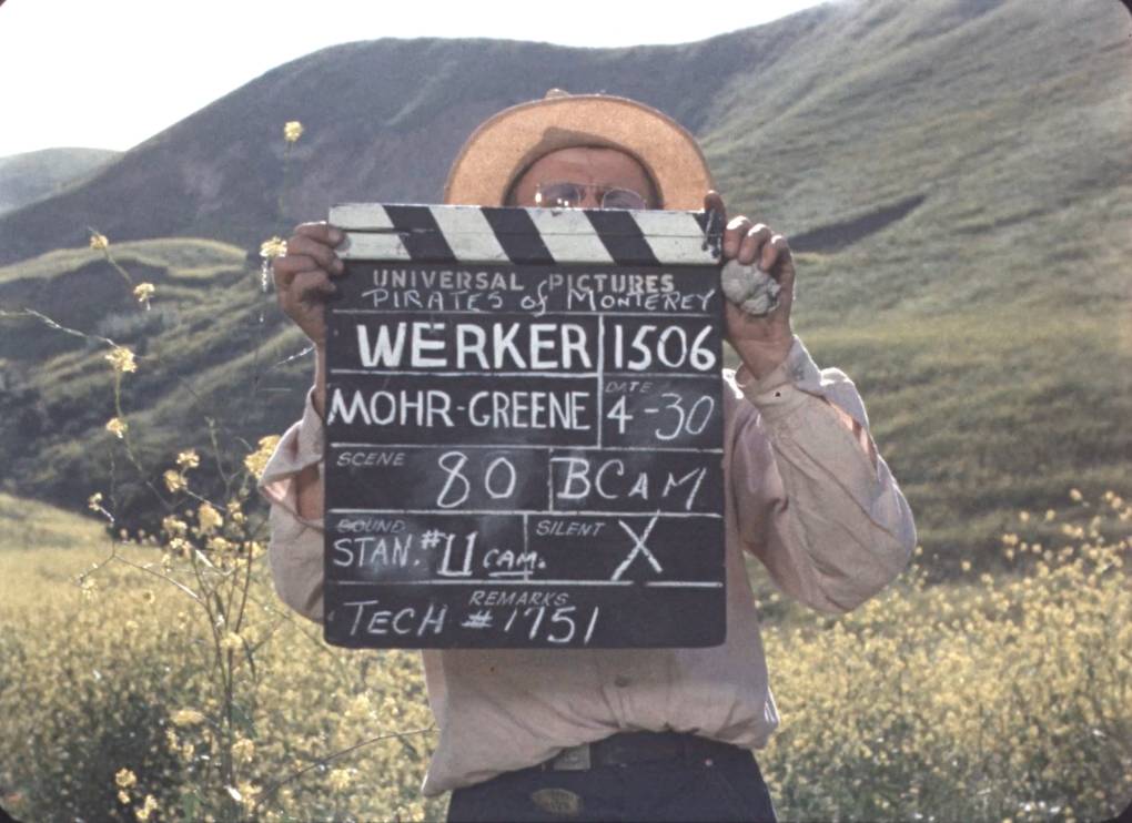 person peeks over large clapperboard in field of wildflowers