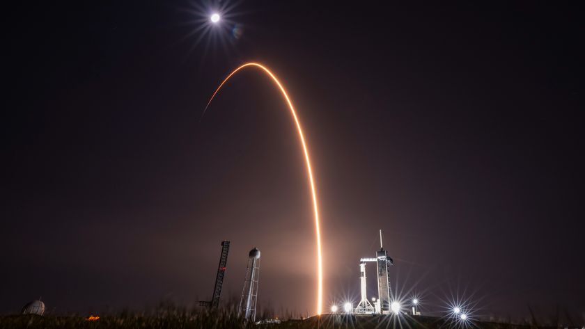 A SpaceX Falcon 9 rocket launches 21 Starlink satellites from Florida’s Cape Canaveral Space Force Station on March 12, 2025. Also visible in this photo are the Falcon 9 and Crew Dragon spacecraft that will fly the Crew-10 astronaut mission to the International Space Station for NASA. The duo are scheduled to lift off from Kennedy Space Center on March 14.