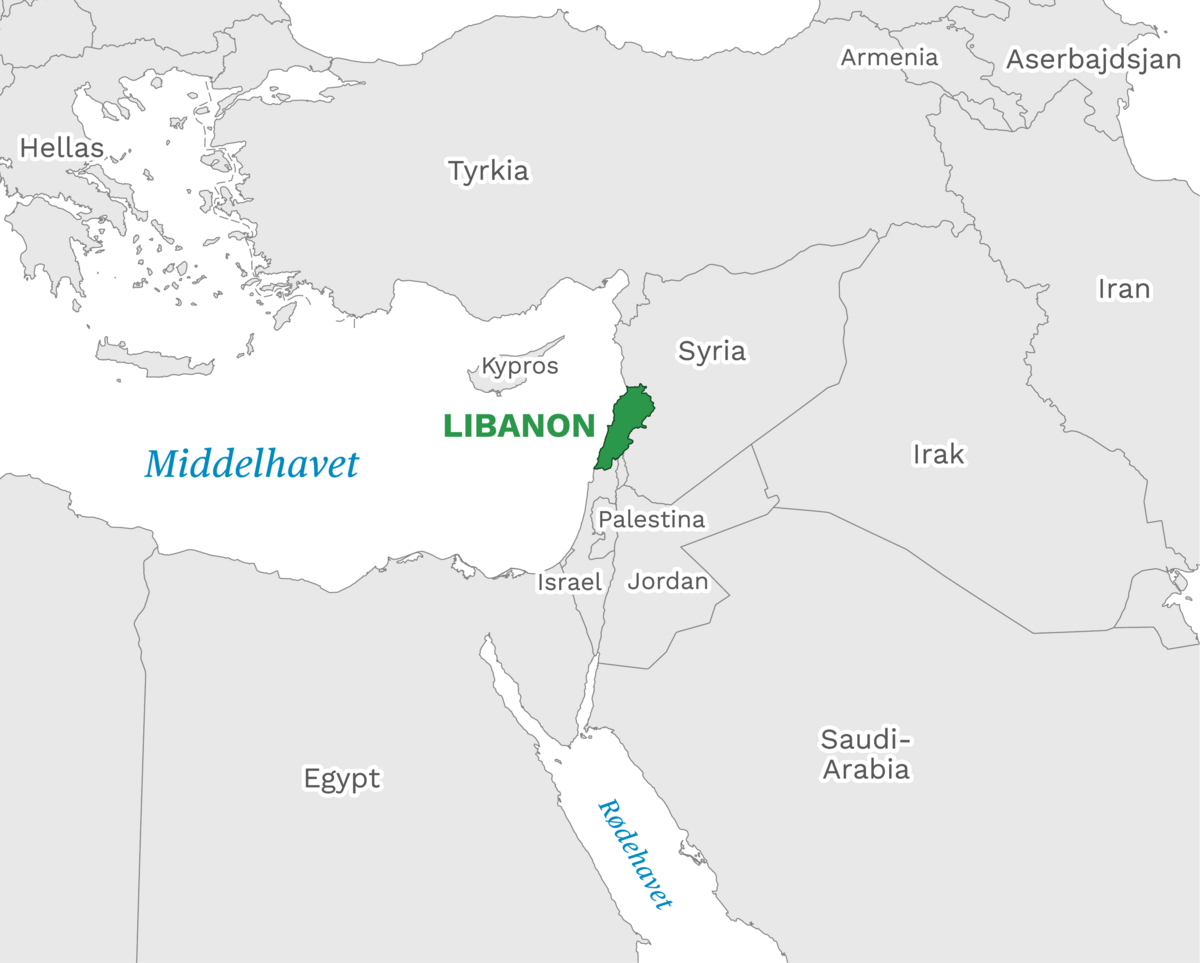 Plassering av Libanon med naboland rundt, kart