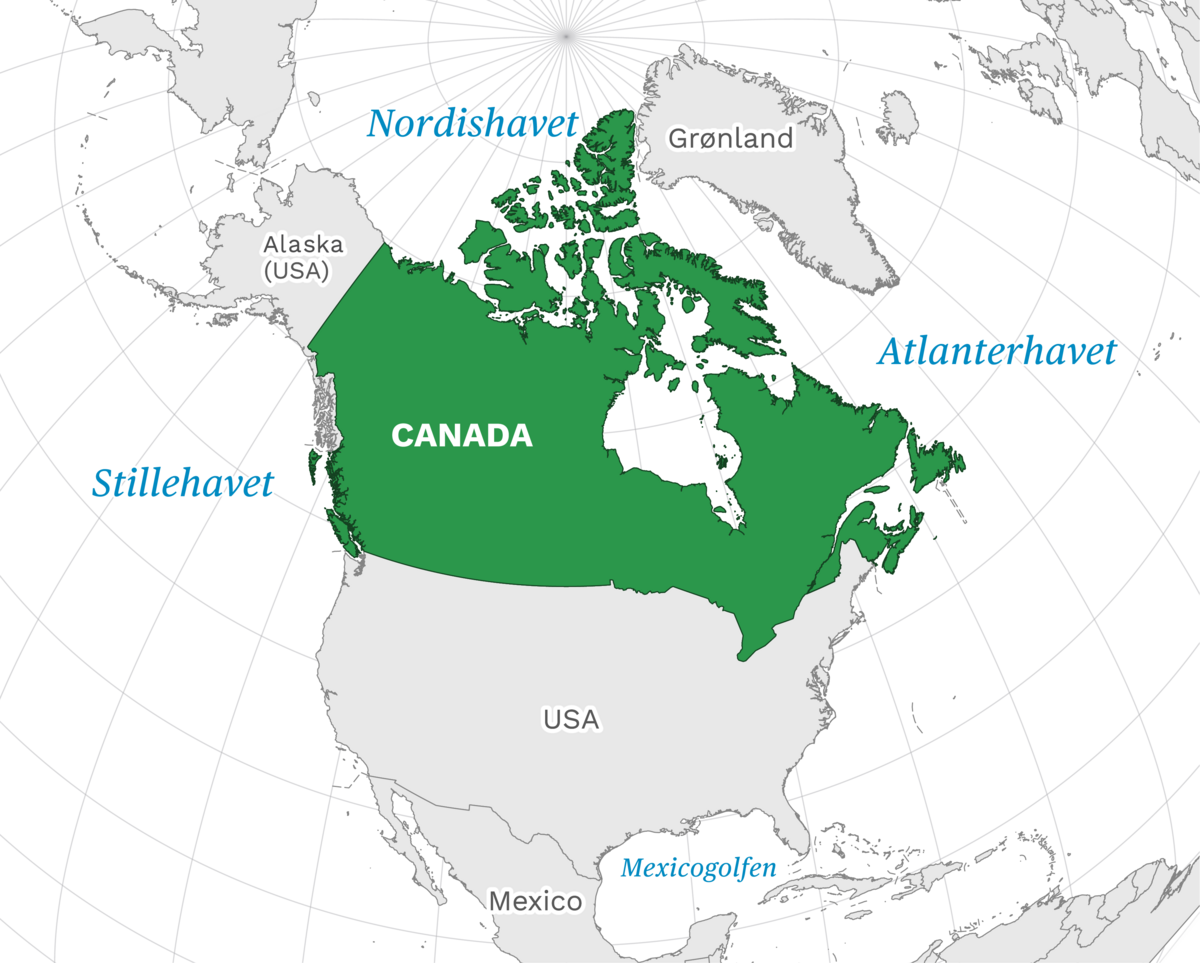 Plassering av Canada med naboland rundt, kart