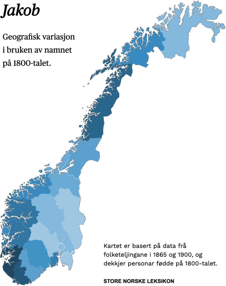 Geografisk variasjon i bruk av namnet Jakob på 1800-talet.