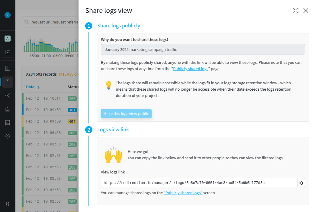 The publibly shared logs link, that can be shared with anyone