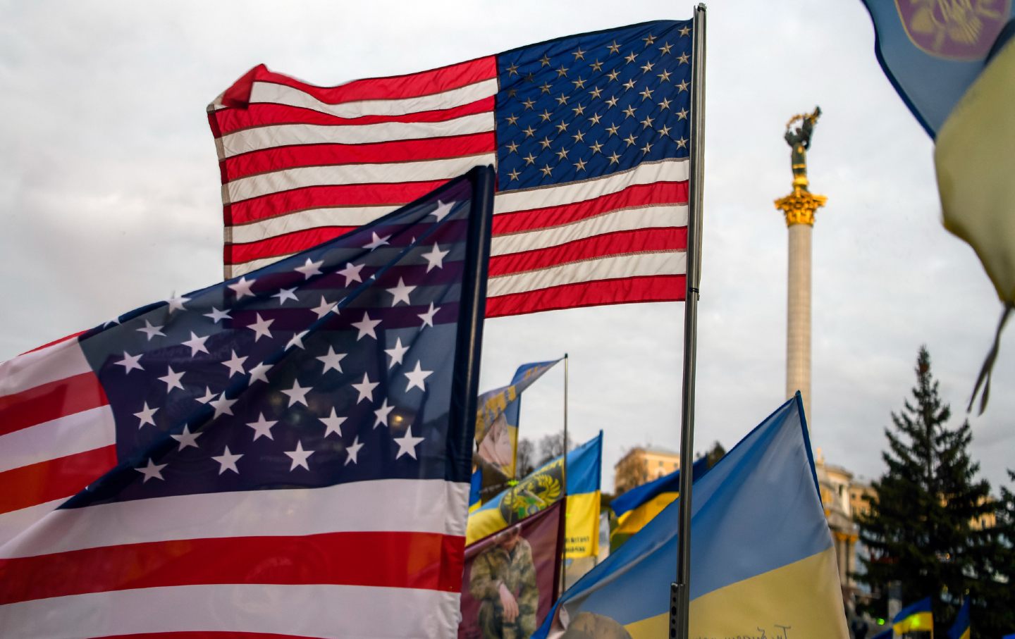 American flags on a makeshift memorial honor Ukrainian Armed Forces soldiers killed in action on Independence Square in Kyiv, Ukraine, on November 5, 2024.