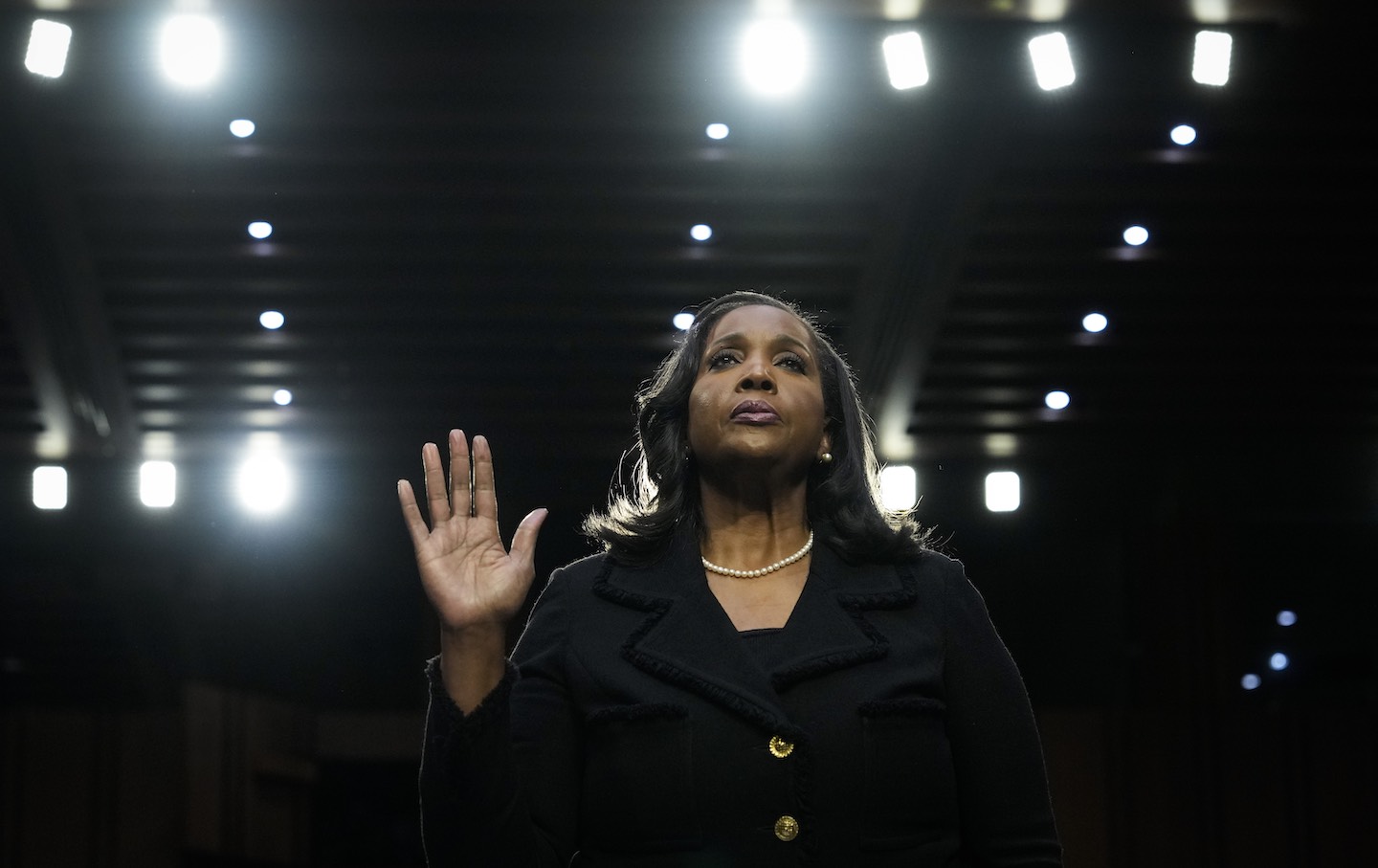 Lisa Cook is sworn in during a Senate Banking nominations hearing on June 21, 2023, in Washington, DC.