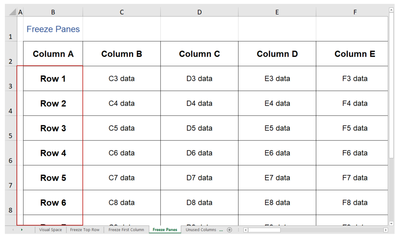 Screenshot of the 'Freeze Panes' sheet with the first two columns highlighted starting at row 3.